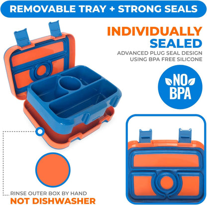 Kids Lunch Box - Bento Box for Boys Toddler Daycare, 4 Portion Sections with Lid, Snack Container Pre-School Kid Lunches Toddlers Removable Tray BPA Free, 3+ Years Old, Blue Rocket Dinosaur