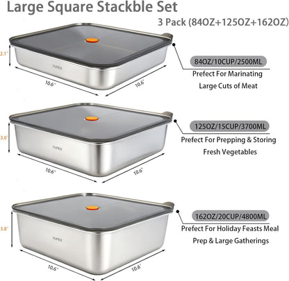 YUPER Stainless Steel Food Storage Containers, Large Meal Prep Container Sets with Lids, BPA Free, Leak Proof & Airtight, Microwave, Dishwasher, Fridge, Freezer & Oven Safe, 3 Pack (84+125+162OZ)