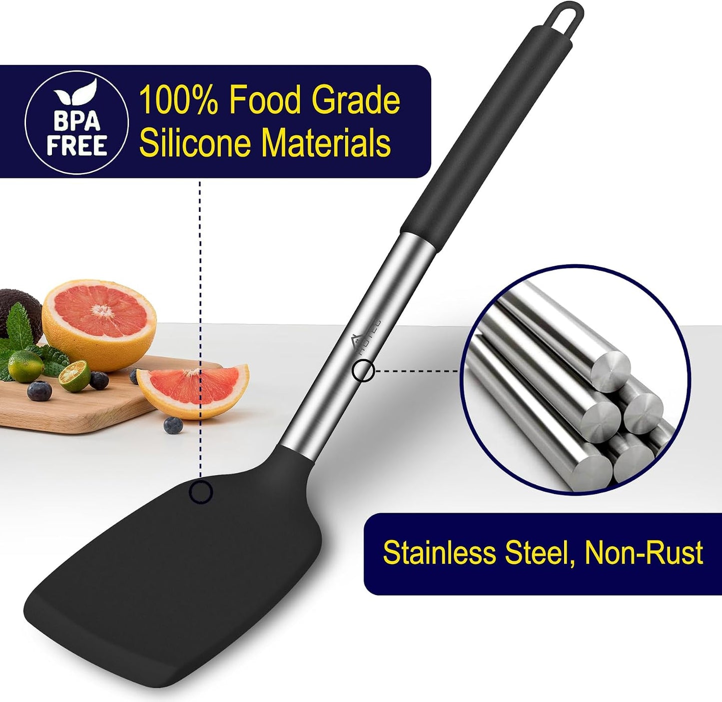HOTEC Silicone Spatula Set of 2 Heat-Resistant 600°F & BPA-Free Kitchen SaptulaTurner with Stainless Steel Handles, Slotted & Solid Spatulas for Nonstick Cookware, 13.7 Inch, Classic Blue
