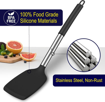HOTEC Silicone Spatula Set of 2 Heat-Resistant 600°F & BPA-Free Kitchen SaptulaTurner with Stainless Steel Handles, Slotted & Solid Spatulas for Nonstick Cookware, 13.7 Inch, Classic Blue