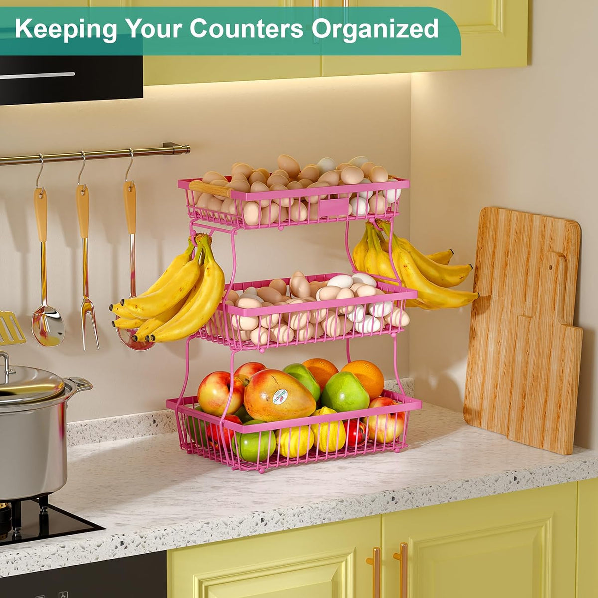 2 Tier Fruit Basket for Kitchen Counter with 2 Banana Hangers, Countertop Metal Bread Basket with Wooden Handle, Large Storage Stand for Vegetables, Snacks, Eggs, Produce Storage – Black