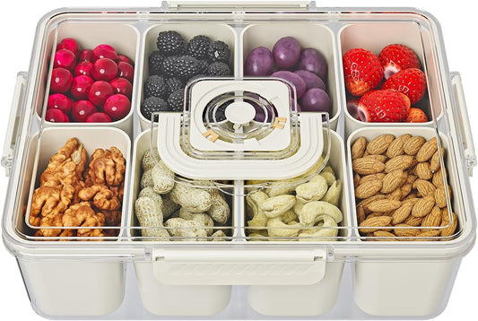 Divided Serving Tray with Lids and Handle, Snackle Box Charcuterie Container, Portable Snack Platters, 8 Compartments Snack Tray for Fruits, Nuts, Candy, Cookies, Party, Picnic, 1PCS