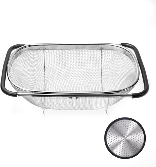 Stainless Steel Over the Sink Colander with Sink Drain Protector, Fine Mesh Strainer Basket with Expandable Rubber Grip Handles for Kitchen Food, Shower Drain Catcher with Silicone Rim