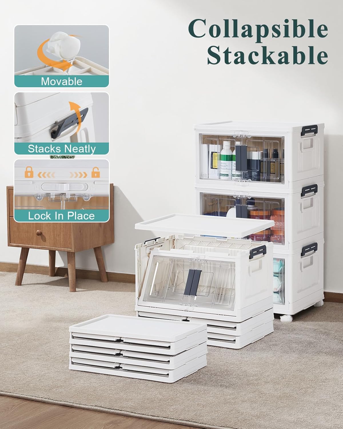 OlarHike 76QT Lockable Storage Bins with Lids - Folding Storage Box with Doors & Wheels, Collapsible Drawers for Home, Dorm, Closets, Office, School, College, Stackable Containers, 4 Pack Cubes