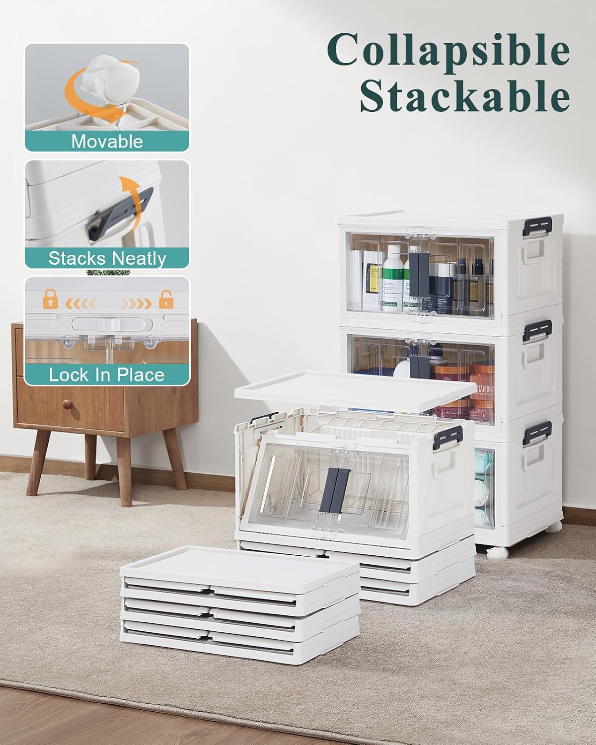 OlarHike 76QT Lockable Storage Bins with Lids - Folding Storage Box with Doors & Wheels, Collapsible Drawers for Home, Dorm, Closets, Office, School, College, Stackable Containers, 4 Pack Cubes