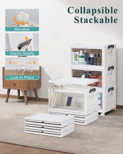 OlarHike 76QT Lockable Storage Bins with Lids - Folding Storage Box with Doors & Wheels, Collapsible Drawers for Home, Dorm, Closets, Office, School, College, Stackable Containers, 4 Pack Cubes