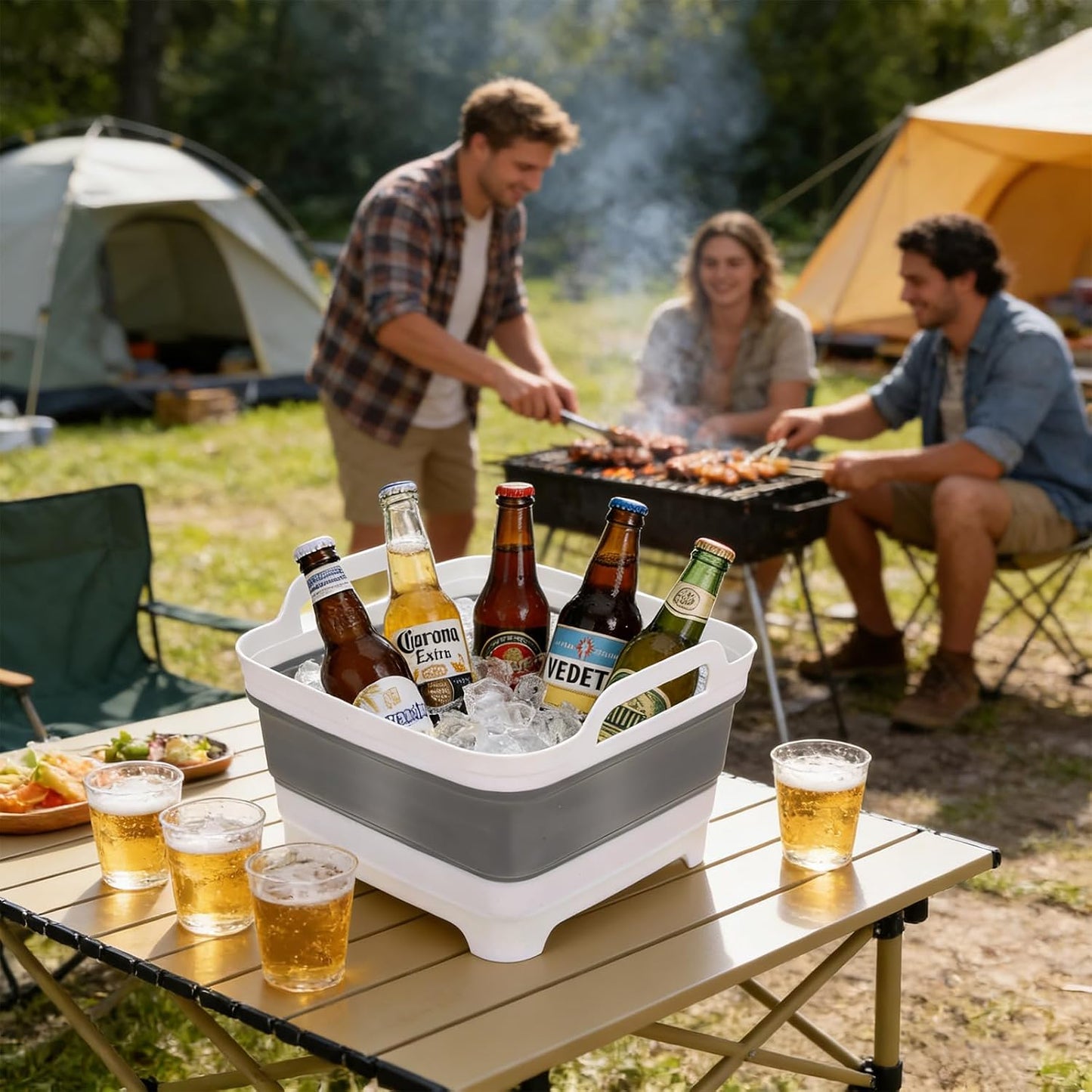 2 Pcs Ice Buckets for Parties, Collapsible Beverage Tub Beer Ice Buckets Drink Cooler, Space Saving Ice Storage Tub Ice Cube Bin and 2 Scoop for Champagne Beer Sparkling Wine Cocktails
