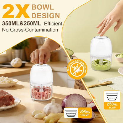 Electric Mini Food Chopper with 2 Plastic Bowls(1Cup&1.5Cup), White