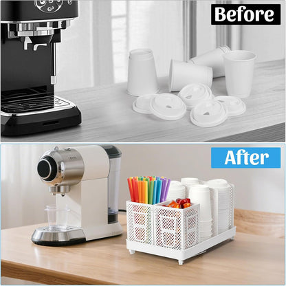 6-Compartment Cup and Lid Holder, Plastic Coffee Cup Holder with Straws Holder, 10-22oz Disposable Paper Cups Organizer for Countertop, Station, Bar,Office, Restaurant, Breakroom