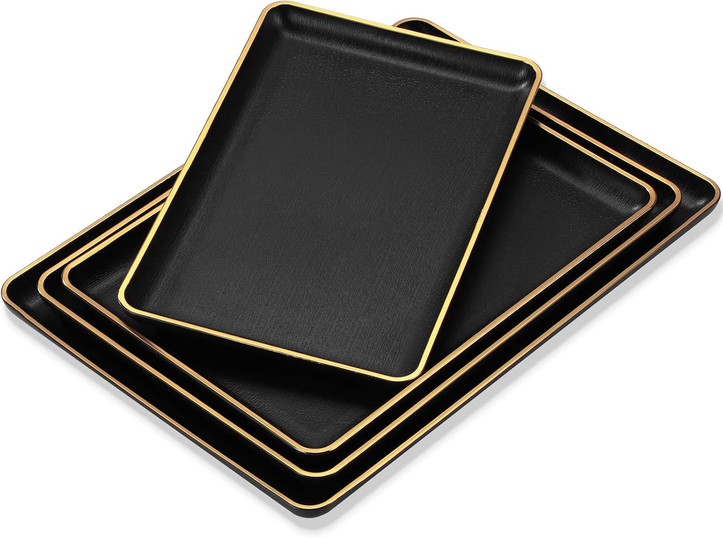 Rtteri Set of 4 Large Serving Platter Set 15/14/13/12 Inch Heavy Plastic Serving Trays Unbreakable Rectangular Platter Reusable Wood Grain Tray for Buffet Wedding Christmas Party(Black and Red)