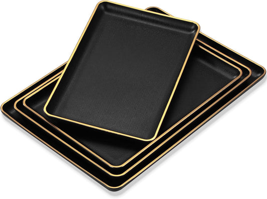 Rtteri Set of 4 Large Serving Platter Set 15/14/13/12 Inch Heavy Plastic Serving Trays Unbreakable Rectangular Platter Reusable Wood Grain Tray for Buffet Wedding Christmas Party(Black and Red)