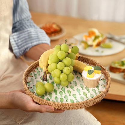 Round Rattan Tray with Mother of Pearl Inlay, Rattan Serving Tray for Coffee, Bread, Fruits, Decorative Wicker Tray for Table Decor, Home Decor, Kitchen Island Decor(Black Checkerboard, 11.8")