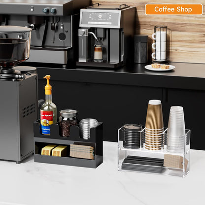 Beego 2-Compartment Cup Holder for Countertop - 2-Tier Clear Acrylic Cup Dispenser Coffee Station Paper Cup and Lid Organizer Condiment Storage for Restaurant Breakroom Kitchen Bar Accessories