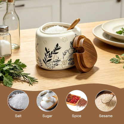 Ceramic Salt Cellar Bamboo Lid Spoon 3.5" Wide 12oz