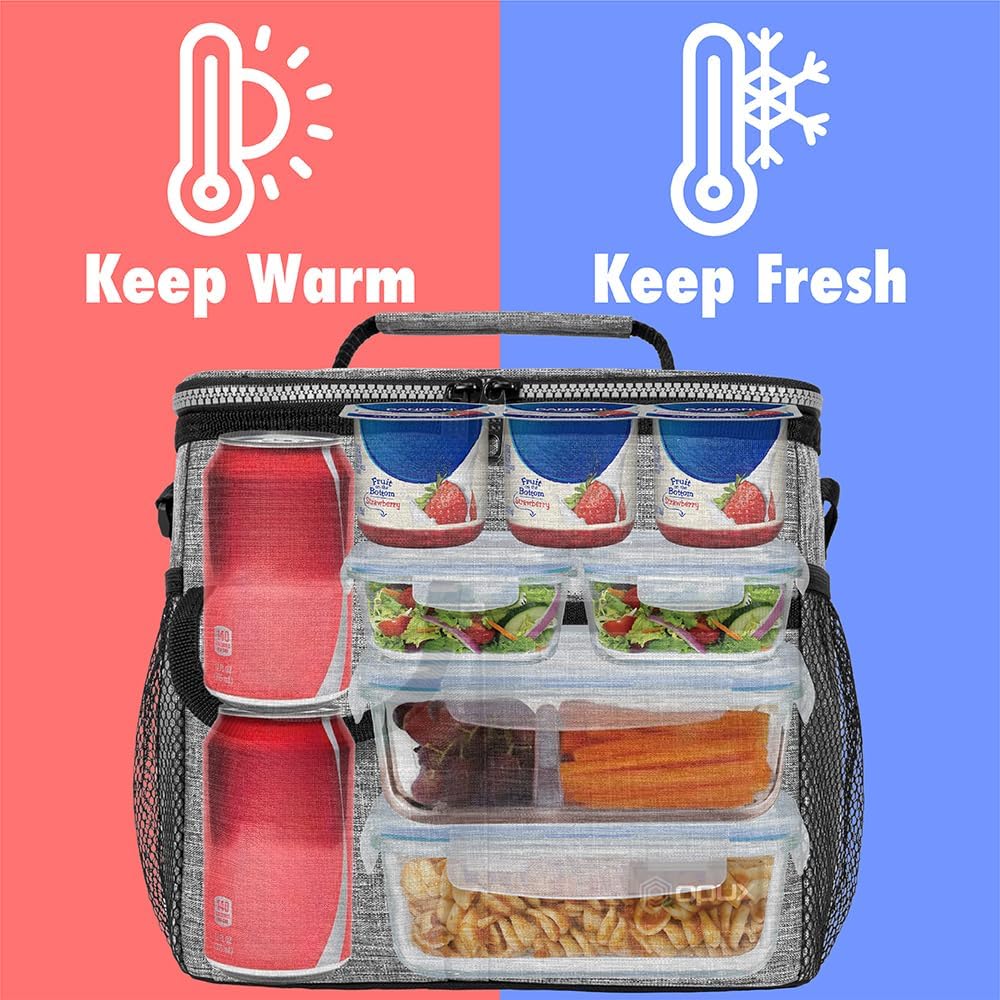opux Insulated Lunch Bag for Men Women, Leakproof Black Lunch Box for Work, Portable Soft Lunch Cooler Bag with Shoulder Strap, Adult Lunchbox Lunch Pail for Kid Boy Girl School, 14 Can/8L
