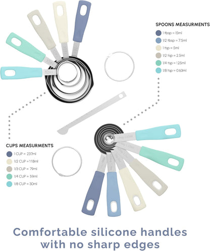 CuttleLab Measuring Cups and Measuring Spoons Set of 14 - Stainless Steel Measuring Cups and Spoons Set, Includes 1/8 Teaspoon Measuring Spoon, 1/8 Cup Measuring Cup, Leveler Dry (14, Country Chic)