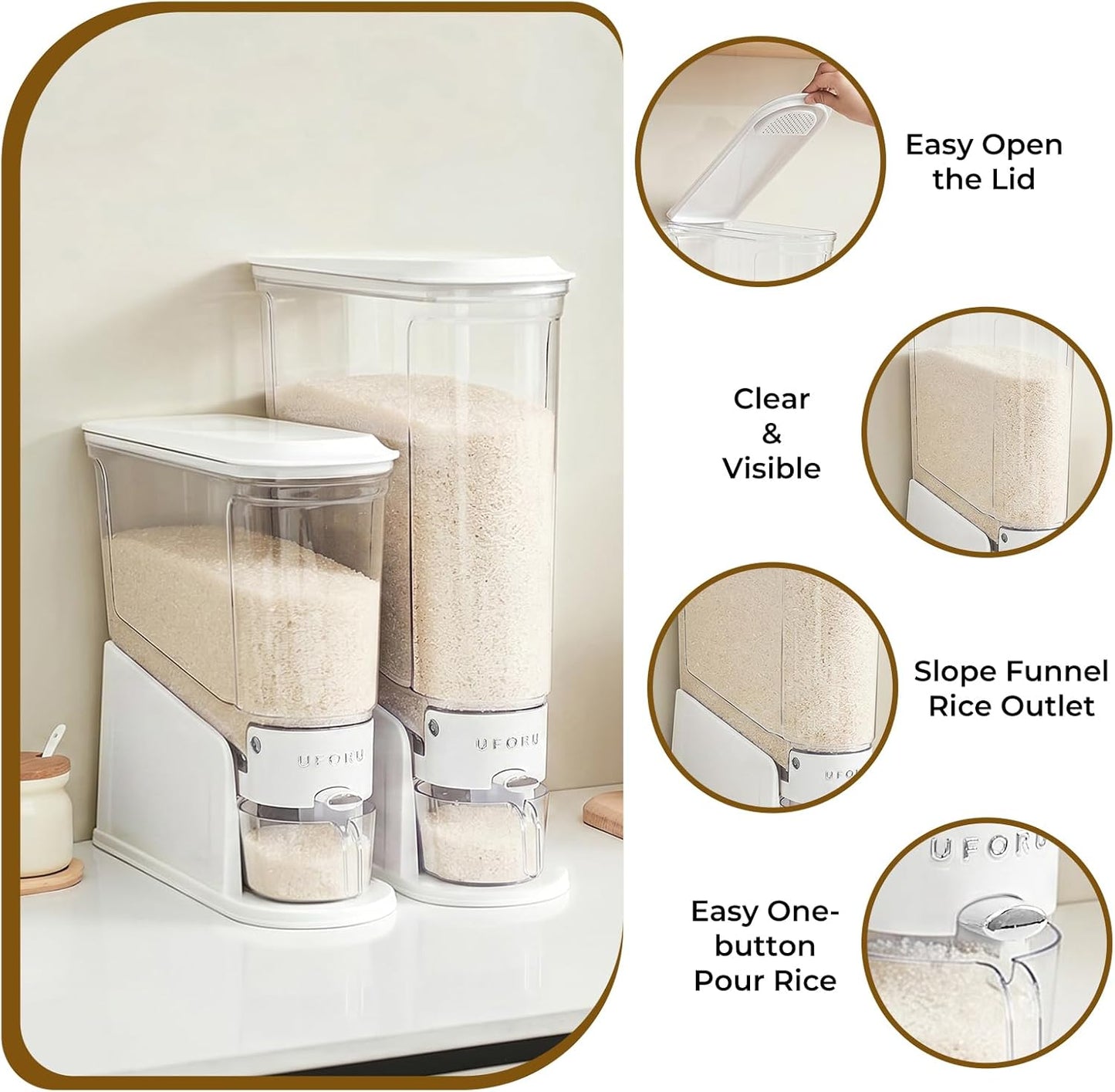 UFORU Rice Dispenser 11Lbs, Slim Rice Storage Container for Small Space, BPA-Free Clear Dry Food Dispenser Sealed Moisture Proof, Grain&Cereal Storage Bucket for Kitchen Pantry Household, Cream White