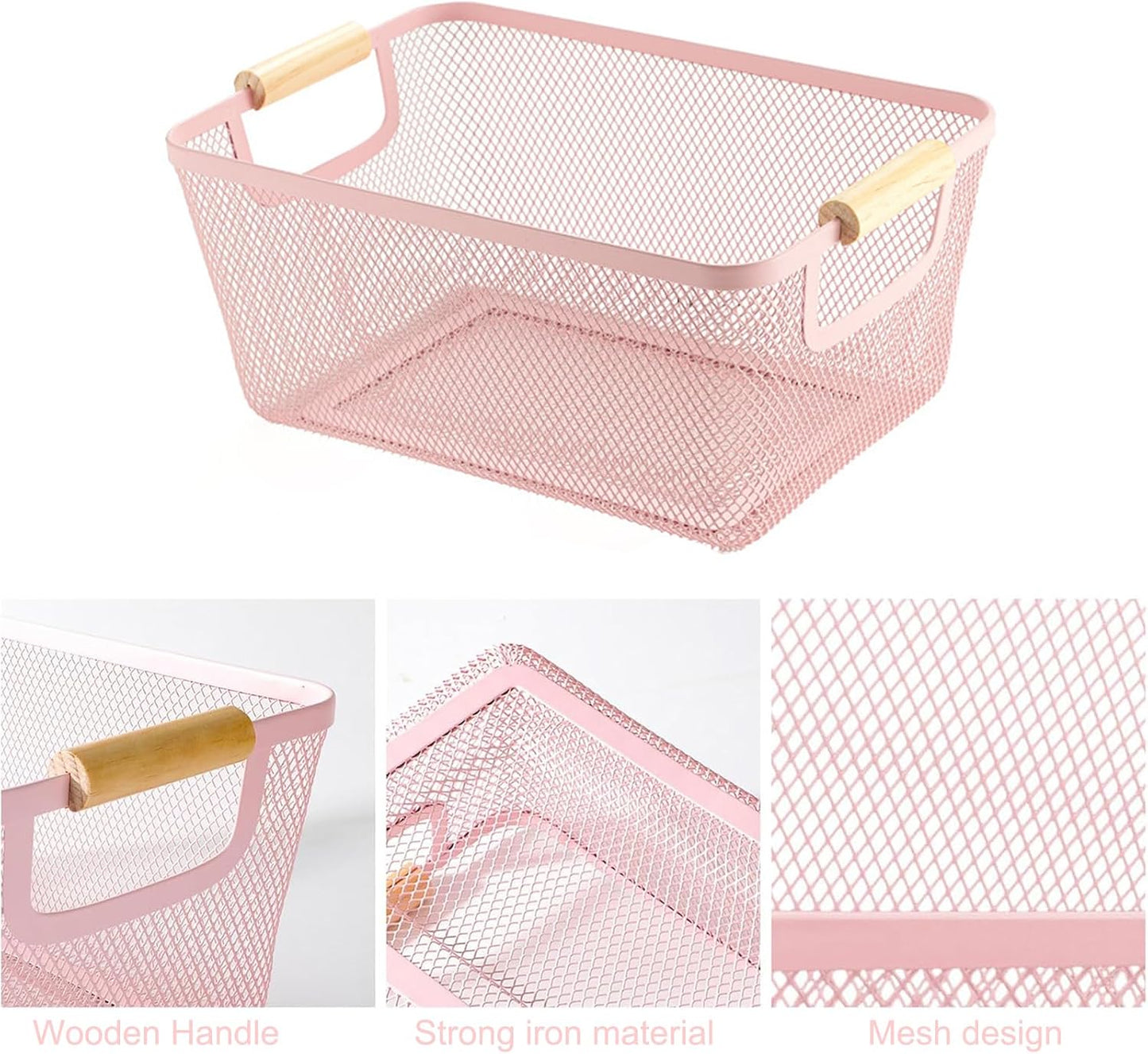 AJIODA Metal Mesh Steel Basket, Large Wire Storage Organizer Basket Multi-function Hanging Kitchen Baskets with Wood Handle for Kitchen Bathroom Picnic Home, Rectangle-Off White