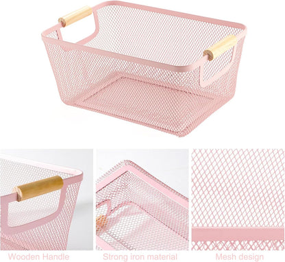 AJIODA Metal Mesh Steel Basket, Large Wire Storage Organizer Basket Multi-function Hanging Kitchen Baskets with Wood Handle for Kitchen Bathroom Picnic Home, Rectangle-Off White