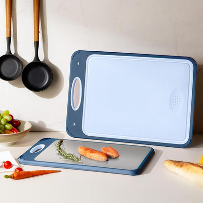 2 Packs Stainless Steel Cutting Board Set, Best Non Toxic Cutting Boards for Kitchen, Double Sided Metal Chopping Board for Meat/Fruit/Vegetables, Food Grade Kitchen Set Gift, [16”×11”+18”×12” Inch]