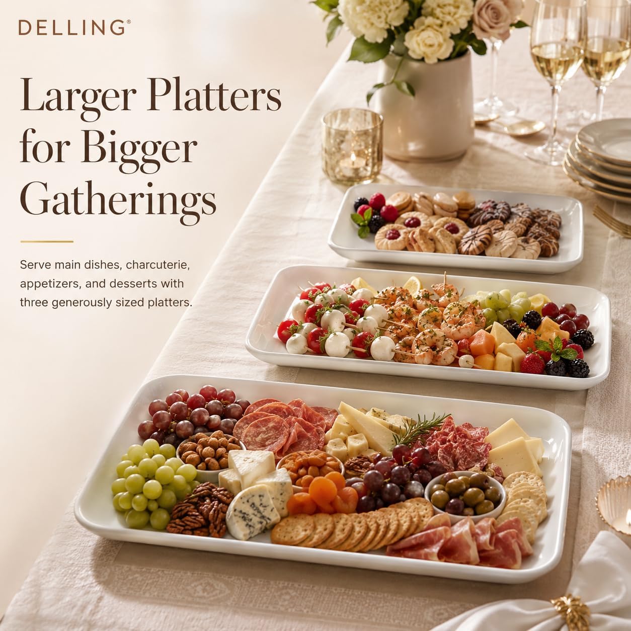 DELLING Large Serving Platter Set of 3, 16/14/12 Inch Porcelain Serving Trays for Party - White Ceramic Rectangular Platters for Entertaining, Appetizer Fruit Tray for Father's Day Shower Dinner