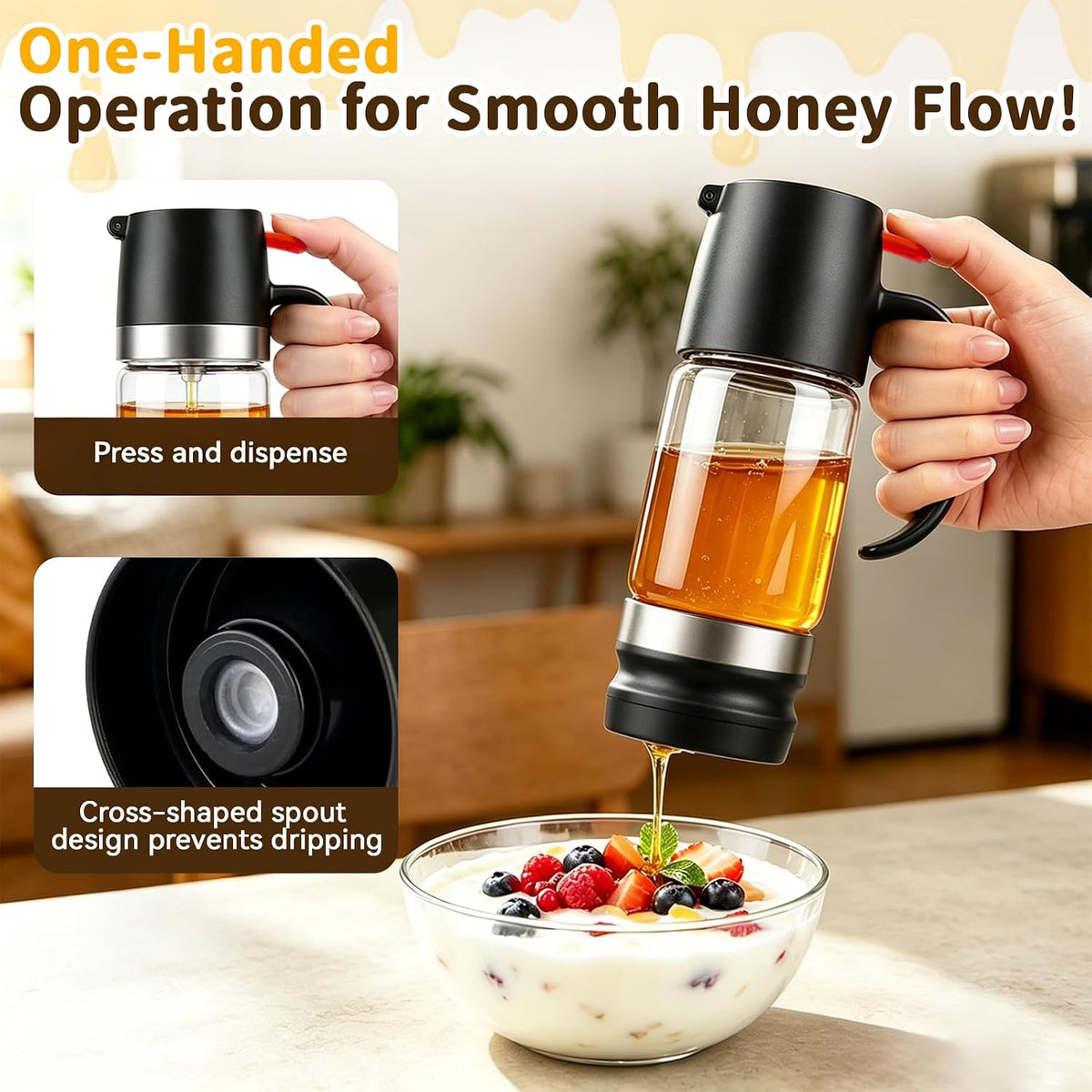 Honey Dispenser No Drip, Glass Honey Dispenser with Stand, 10oz Borosilicate Mess-Free Honey Jar with Ergonomic Handle, Precision Pouring Container for Honey, Maple Syrup, Chocolate Syrup (Black)