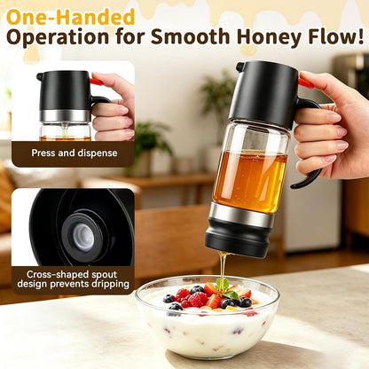 Honey Dispenser No Drip, Glass Honey Dispenser with Stand, 10oz Borosilicate Mess-Free Honey Jar with Ergonomic Handle, Precision Pouring Container for Honey, Maple Syrup, Chocolate Syrup (Black)