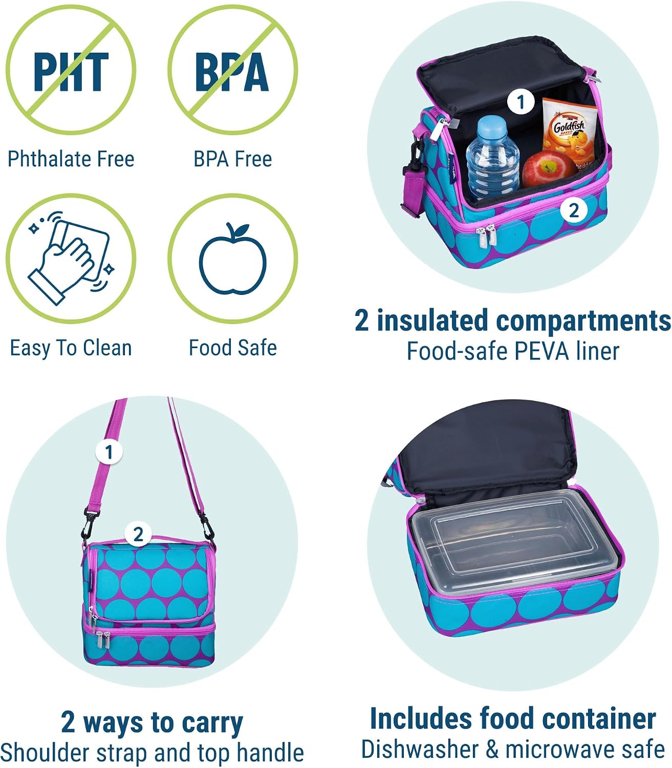 Wildkin Kids Two Compartment Insulated Lunch Bag – Keeps Food Hot or Cold, Easy-Clean Lining, Leak-Resistant & BPA-Free – Boys & Girls, Ideal for School, Travel & Daycare – Jurassic Dinosaurs