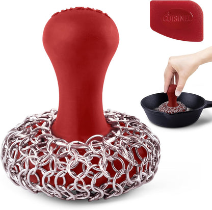 Cuisinel Cast Iron Scrubber Cleaning Brush + Pan/Grill Scraper - Skillet and Grill Cleaner Kit - Soft-Touch Confident-Grip Dish Scrub Tool - Tough on Grease, Gentle on Metal and Non-Stick Cookware