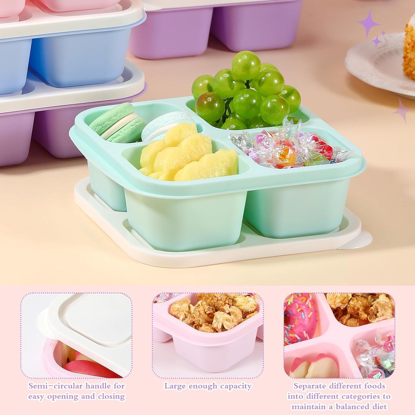 Honeydak 10 Pack Bento Snack Containers 4 Compartment Snack Boxes Reusable Containers with Lids Divided Meal Prep Lunch Food Storage Box for School Work Travel