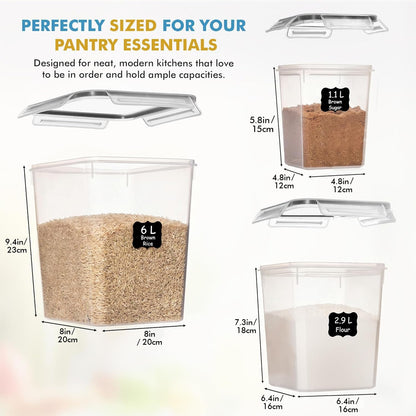 Shazo Flour Sugar Storage Containers Set of 3 (6L, 2.9L, 1.1L) Large Airtight Food Storage Containers with Lids, BPA-Free Plastic Container for Kitchen & Pantry Organizers, Cereal, Rice & Pasta