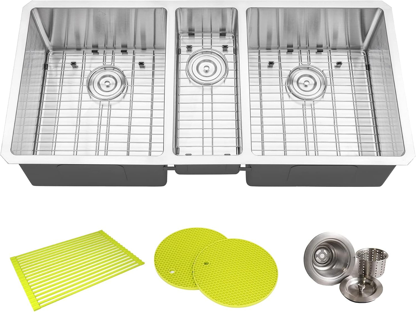 42 in. x 20 in. x 10 in. 16-Gauge Stainless Steel Undermount Triple Bowl Kitchen Sink with Collapsible Colander Set and Strainer