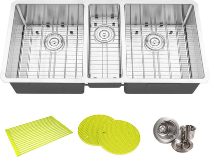 42 in. x 20 in. x 10 in. 16-Gauge Stainless Steel Undermount Triple Bowl Kitchen Sink with Collapsible Colander Set and Strainer