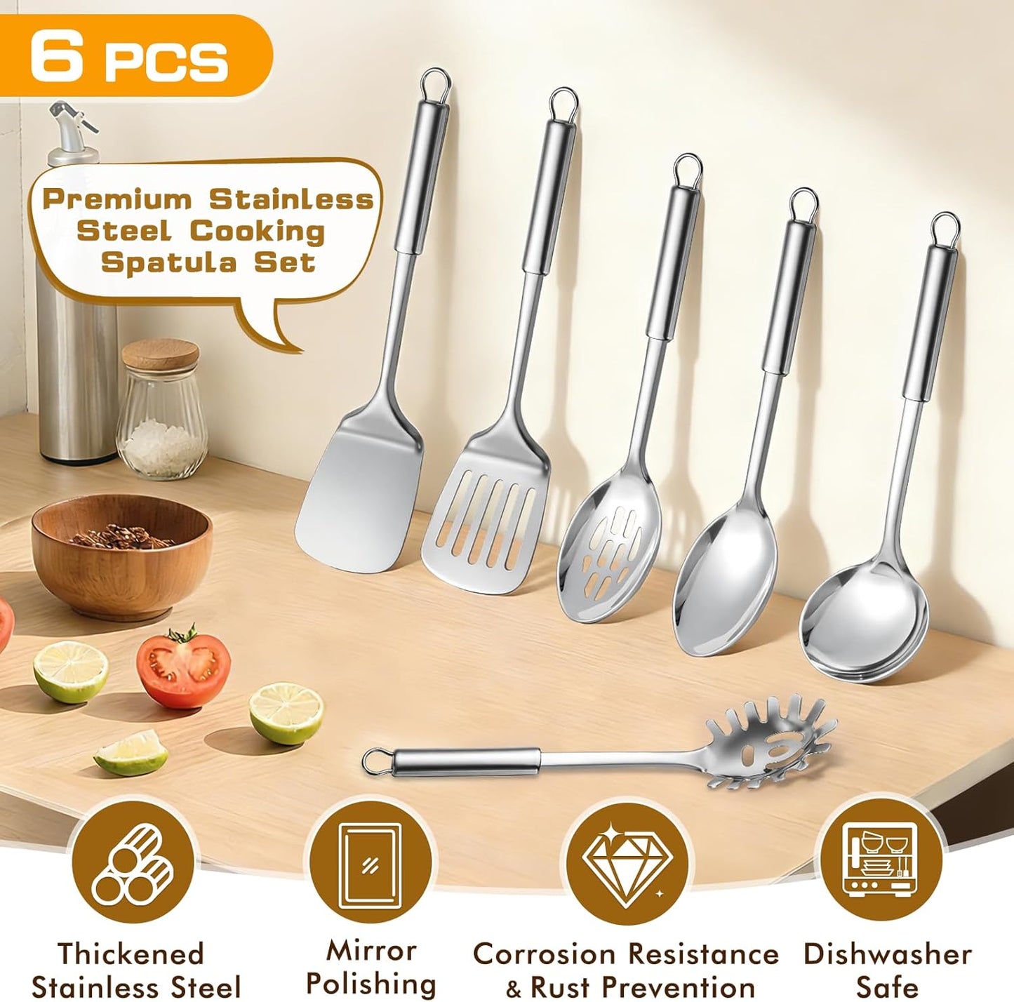 9 Pcs Cooking Utensils Set, Stainless Steel Kitchen Utensils, Heat Resistant Metal Kitchen Tools Include Solid & Slotted Spatula, Serving Spoon, Ladle, Pasta Server,Potato Maseher, Egg Whisk, Silver