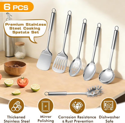 9 Pcs Cooking Utensils Set, Stainless Steel Kitchen Utensils, Heat Resistant Metal Kitchen Tools Include Solid & Slotted Spatula, Serving Spoon, Ladle, Pasta Server,Potato Maseher, Egg Whisk, Silver