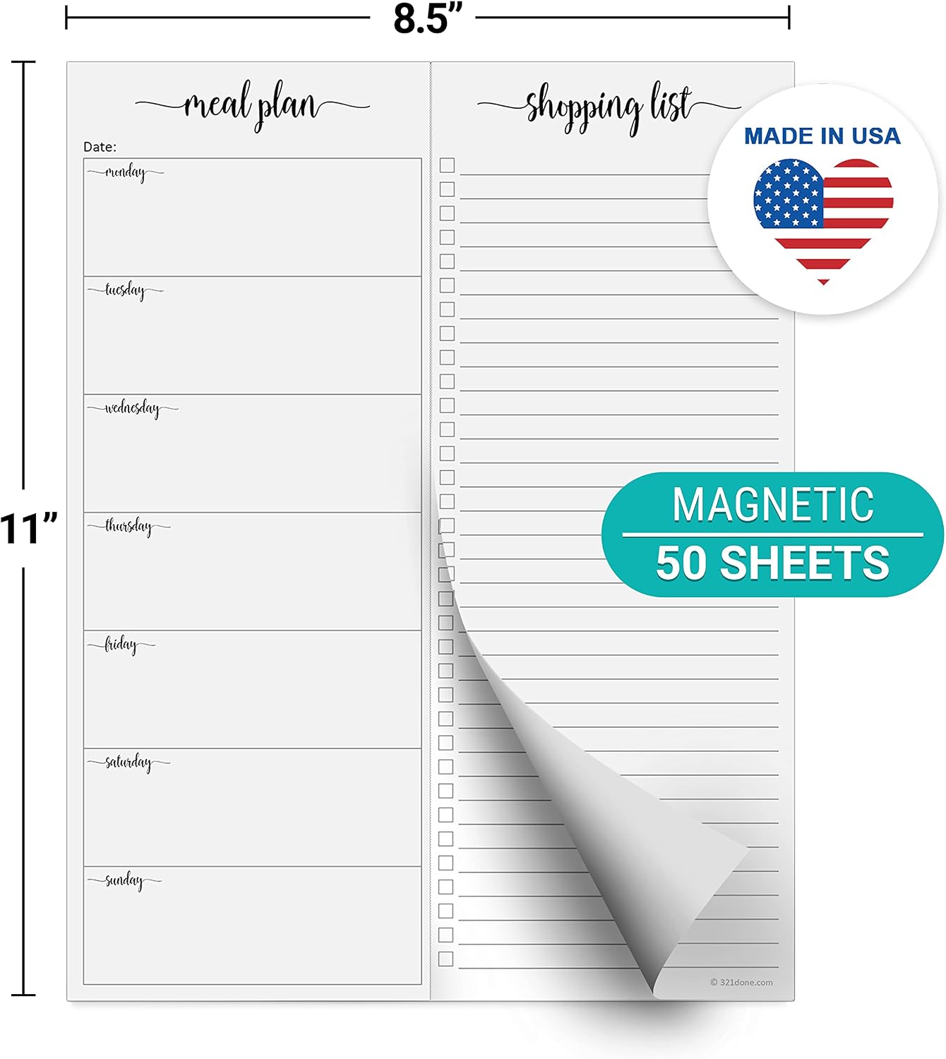 321done Magnetic Weekly Meal Plan Shopping Checklist Notepad - Tear-Off 50 Sheets, 5.5x8.5 - Undated, Sunday to Saturday To-Do List Planner, Schedule Weekly Desk Pad, Weekday Planning Notepad - Made in USA