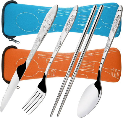 SENHAI 8 Pieces Flatware Sets Knife, Fork, Spoon, Chopsticks, 2 Pack Rustproof Stainless Steel Tableware Dinnerware with Carrying Case for Traveling Camping Picnic Working Hiking