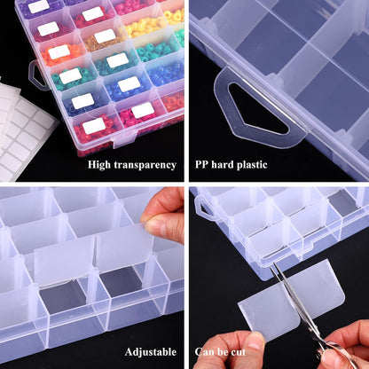 2 Pack Clear Bead Organizer Tackle Box with Adjustable Dividers for Jewelry Art Craft Containers 36 Grids Compartment with 5 Sheets Label Stickers