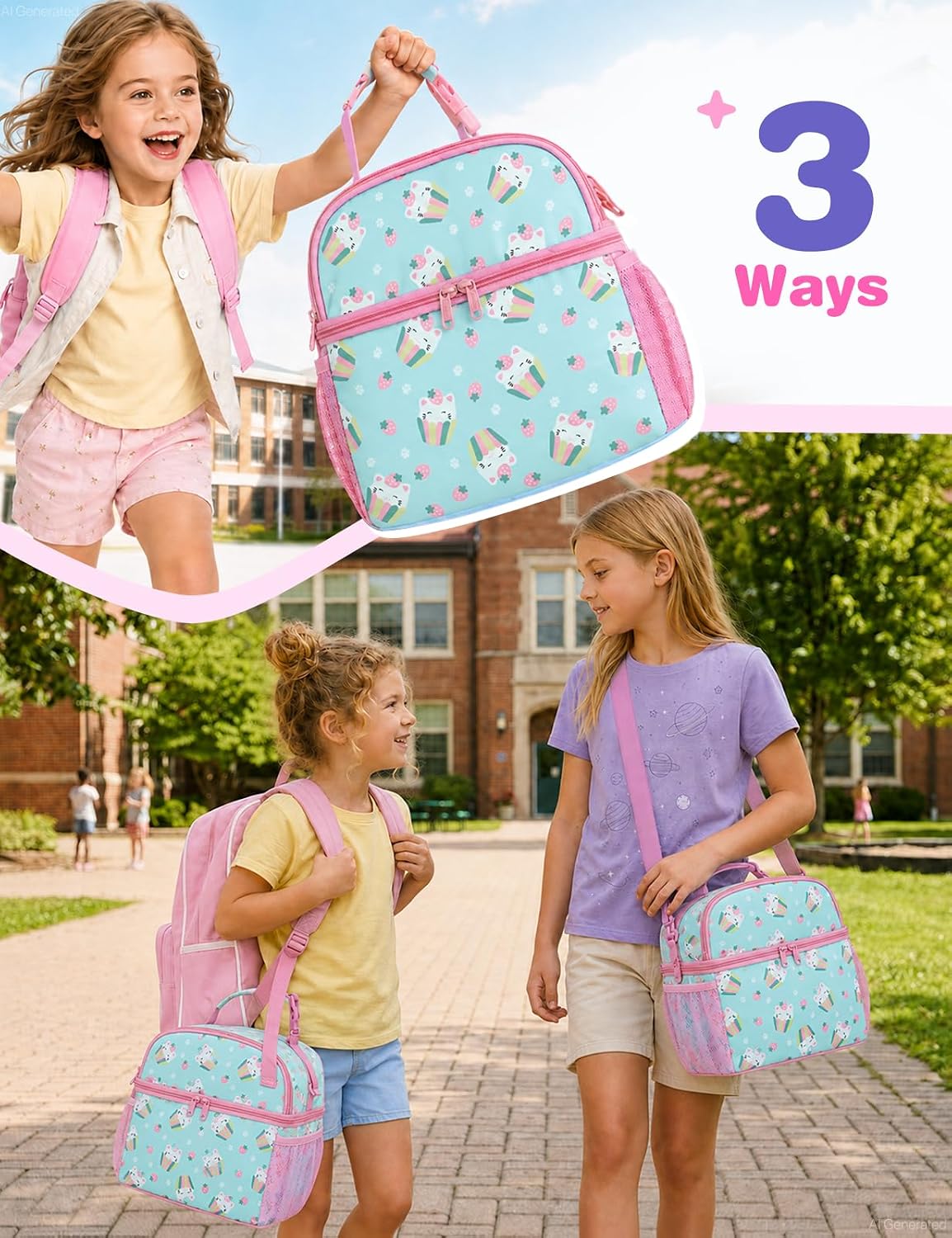 VASCHY Lunch Box Bag for Kids, Insulated Double Compartments Cooler Lunch Tote for Toddlers Boys Girls School/Daycare/Picnic Black Dinos