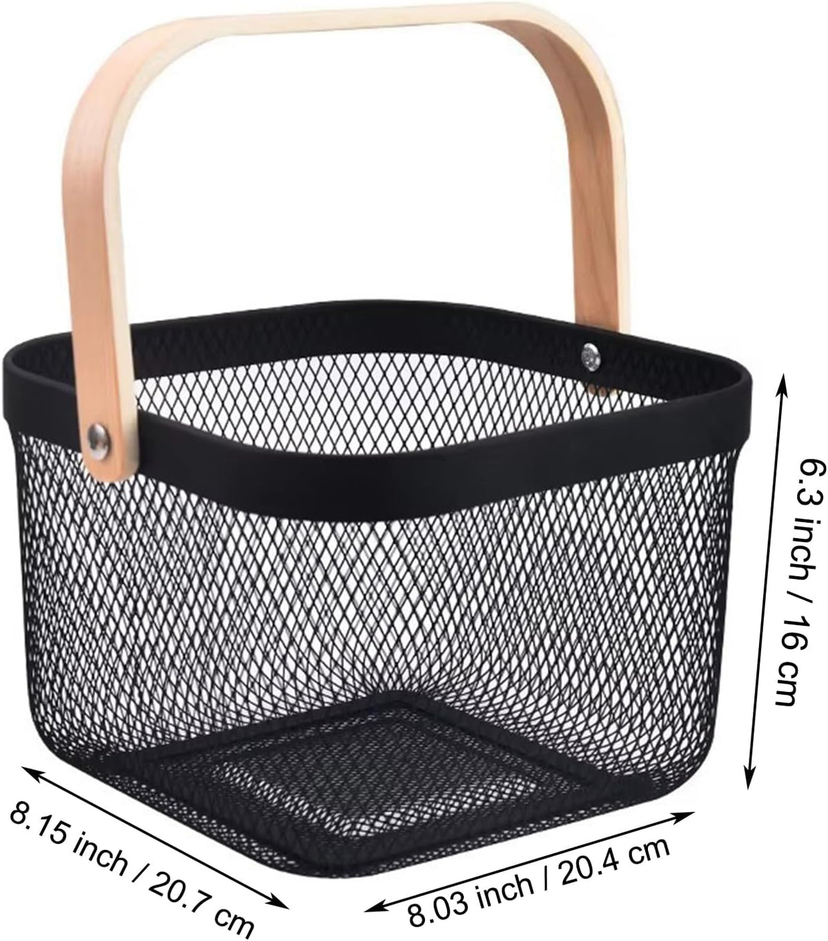 AJIODA Metal Mesh Wire Basket, Large Steel Basket with Wooden Handle Storage Organizer Basket Multi-functional Hanging Kitchen Baskets Fruit Baskets for Kitchen Bathroom Cabinet Pantry Snacks, Black