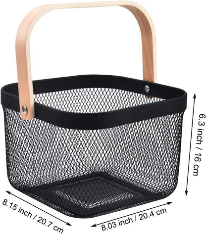 AJIODA Metal Mesh Wire Basket, Large Steel Basket with Wooden Handle Storage Organizer Basket Multi-functional Hanging Kitchen Baskets Fruit Baskets for Kitchen Bathroom Cabinet Pantry Snacks, Black