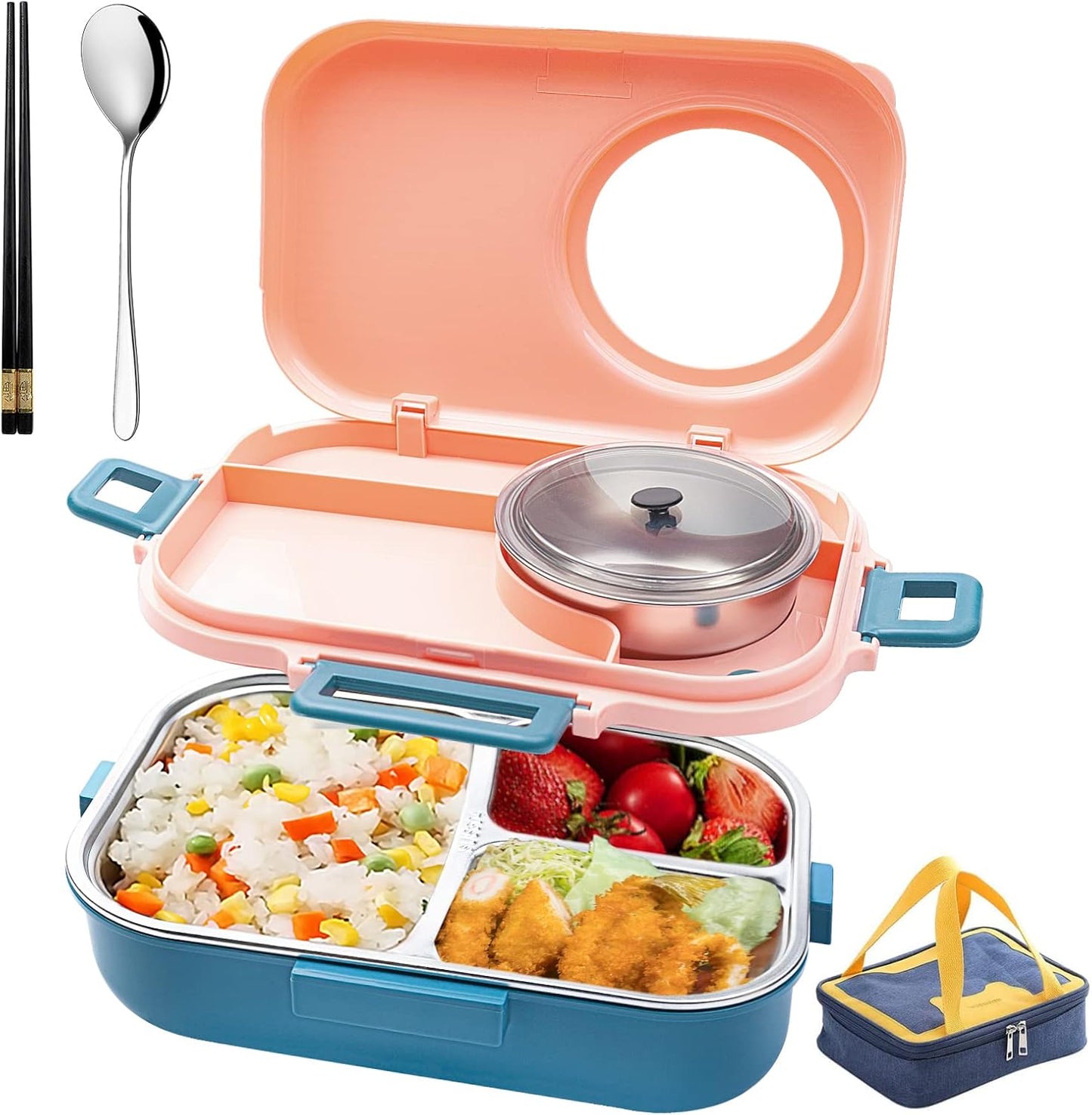 3 Compartments Bento Lunch box with Soup Bowl, Insulated Lunch Bag and Portable Utensils, Stainless Steel Camera Lunch Containers，Leak Proof Bento Box for Kids Adults Men Women…
