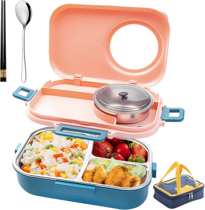 3 Compartments Bento Lunch box with Soup Bowl, Insulated Lunch Bag and Portable Utensils, Stainless Steel Camera Lunch Containers，Leak Proof Bento Box for Kids Adults Men Women…