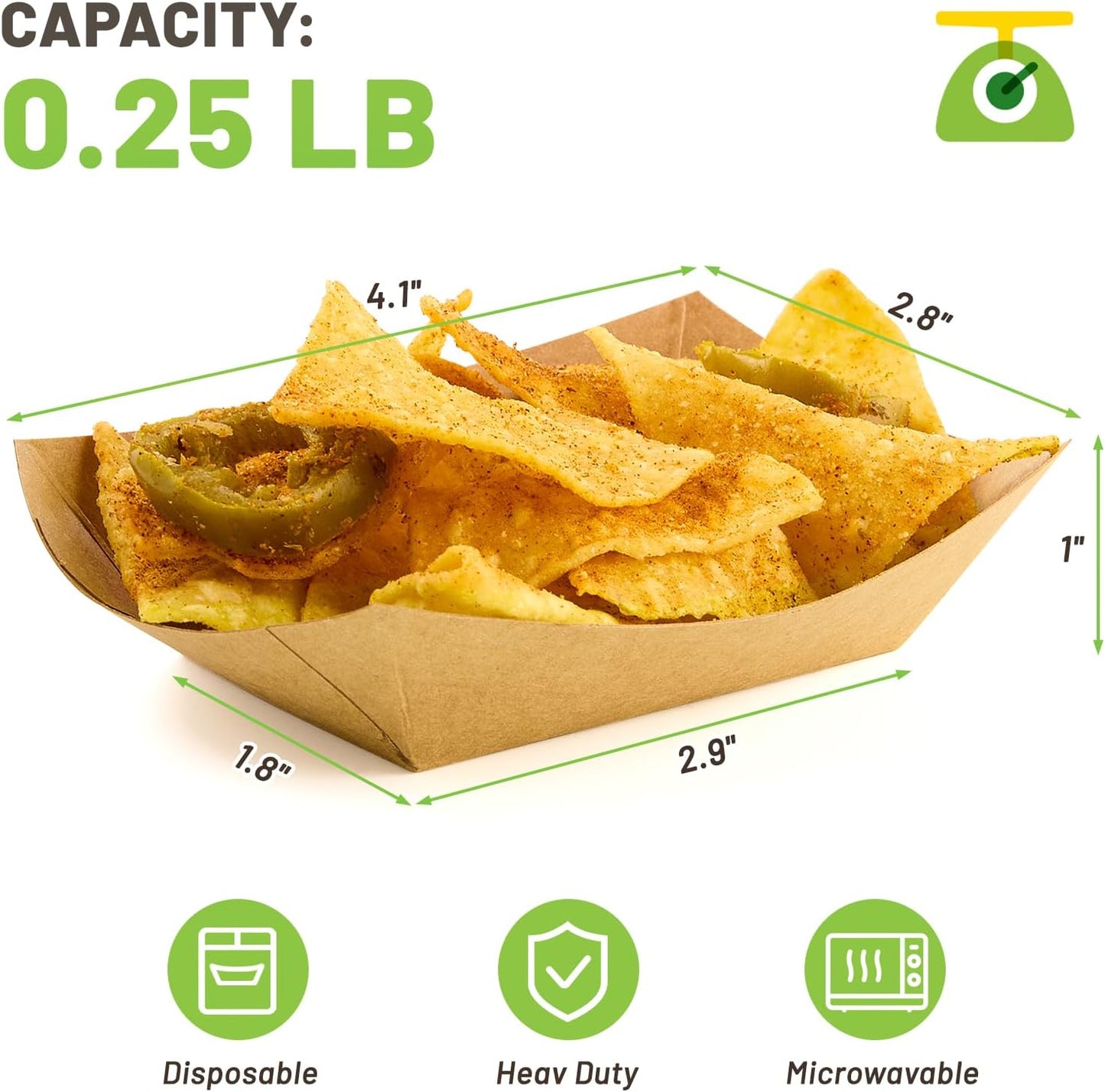 ZORRITA 2 Lb Paper Food Trays - 100 Pack Disposable Nacho Trays Brown Food Boats Take Out Basket Holders for Serving Party Snacks Hot Dogs Tacos Fries