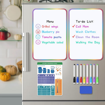 2-Pack Magnetic Dry Erase Board for Fridge, 12" x 8" Refrigerator Whiteboard, Reusable Blank Notepad with Kitchen Conversion Chart, 8 Markers & 1 Eraser,Organization Planner for Home and Kitchen