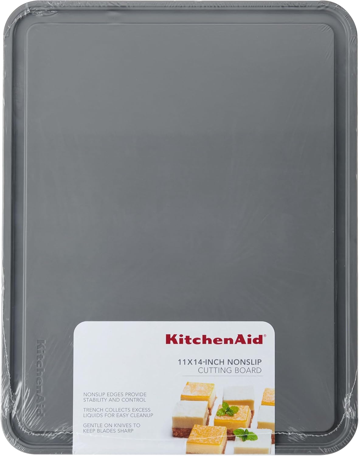 KitchenAid Classic Plastic Cutting Board with Perimeter Trench and Non Slip Edges, Dishwasher Safe, 12 inch x 18 inch, Gray