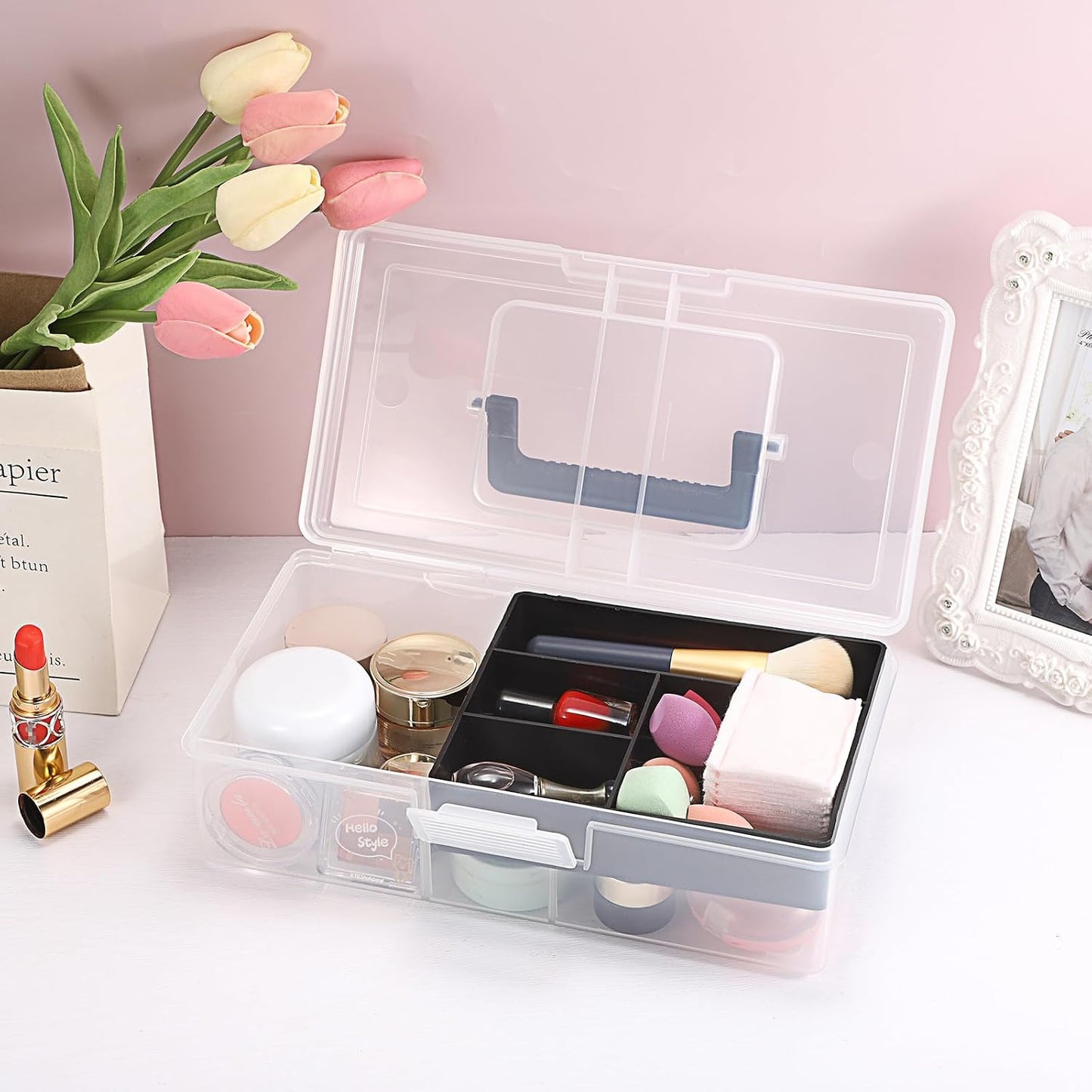 JUXYES Clear Art Craft Supply Storage Bin Sewing Box With Handle Lid | Clear Stackable Latching Craft Storage Bin for School Office, Organizing Stationery, Sewing, Art Craft, DIY Supplies