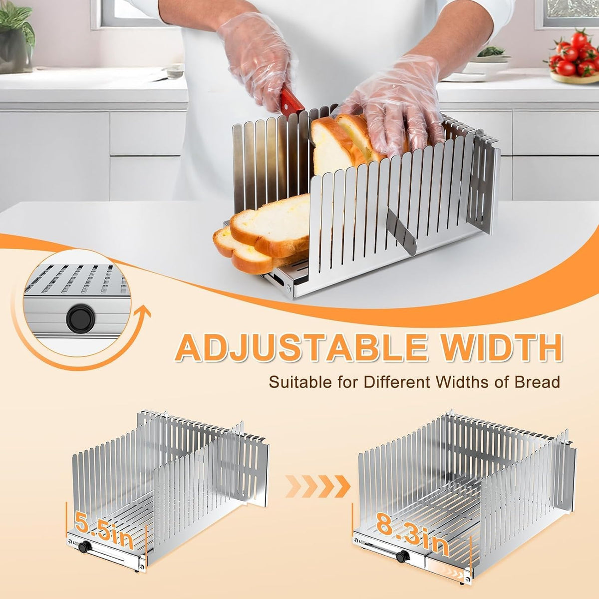 Stainless Steel Bread Slicer, Adjustable Width 5.5-8.3 Inches for Homemade Bread Sourdough Bagels Cakes, Foldable Compact Design, 0.5 Inch Even Slices
