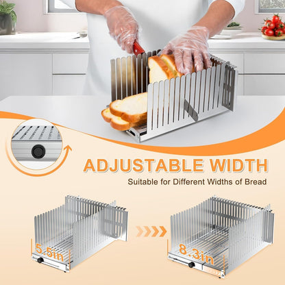 Stainless Steel Bread Slicer, Adjustable Width 5.5-8.3 Inches for Homemade Bread Sourdough Bagels Cakes, Foldable Compact Design, 0.5 Inch Even Slices