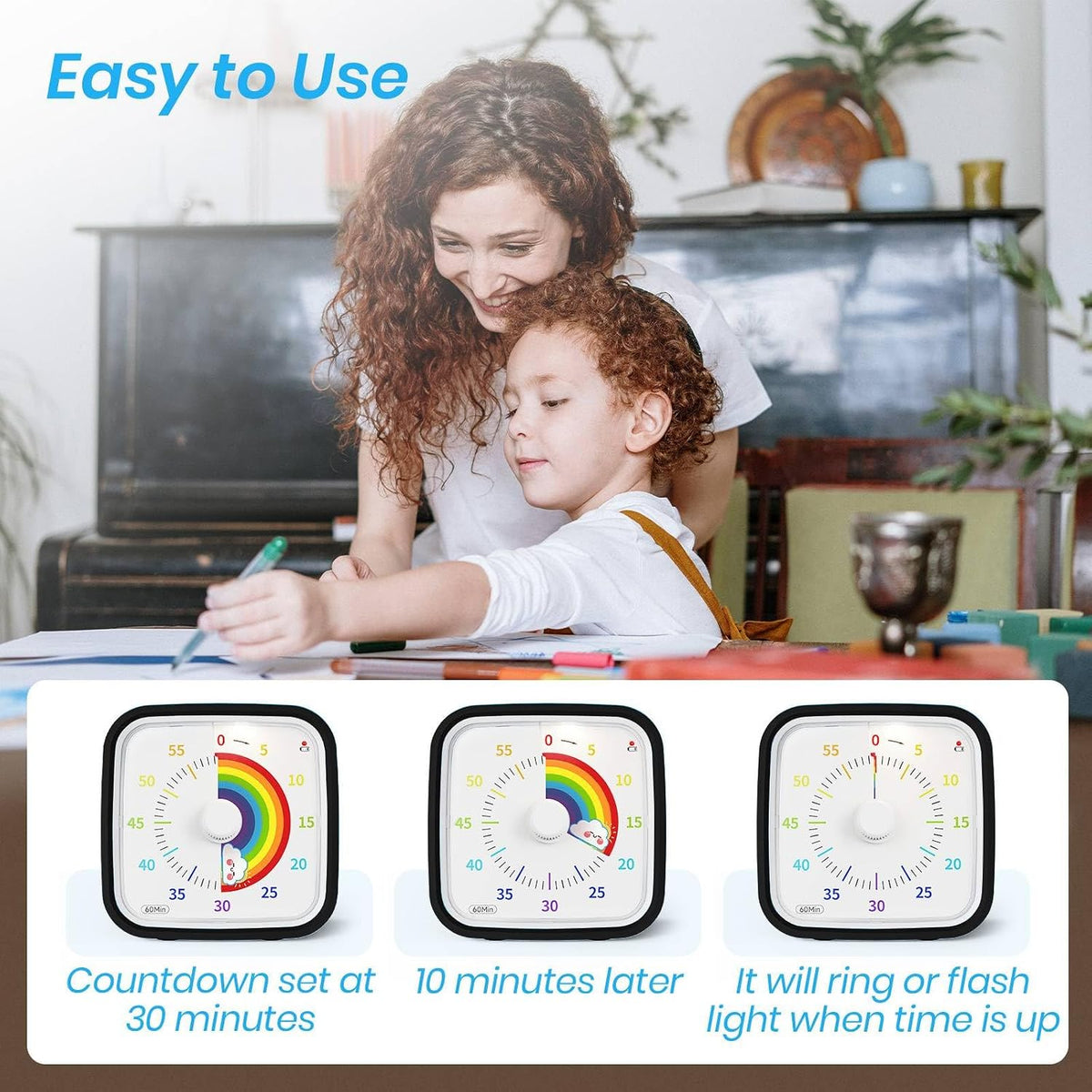 Yunbaoit Rainbow Visual Timer for Kids, 60-min Countdown Timer, Blue